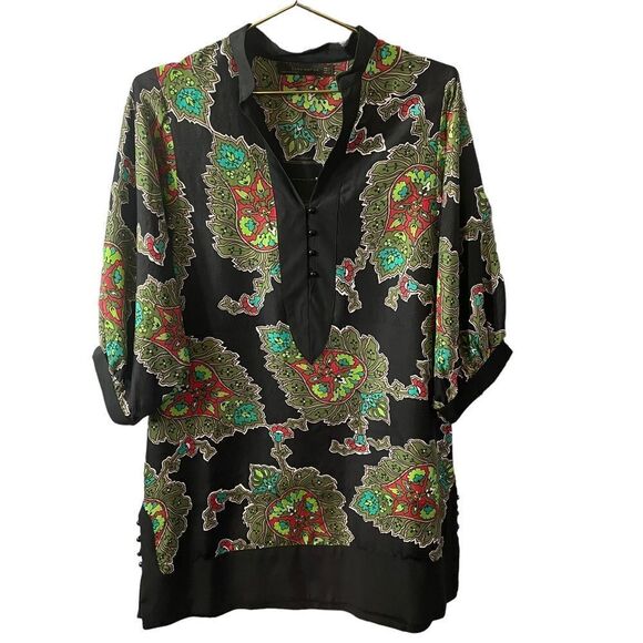Zara Woman 100% Silk Paisley Split Neck 3/4 Sleeve Tunic Blouse Top Shirt Size S - Picture 1 of 12